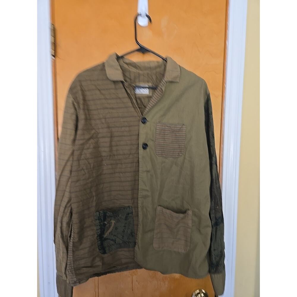 BEVILACQUA Size XL Brown Green Striped Cotton Blend Long Sleeve Shirt Vtg